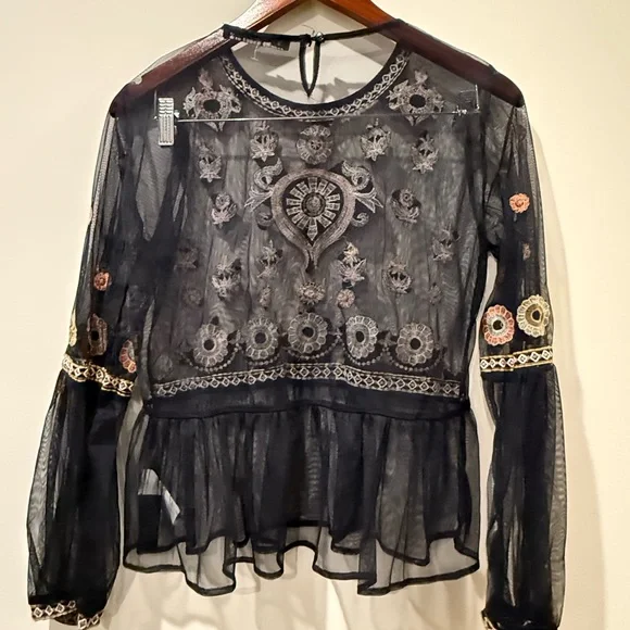 Zara Navy Sheer Blouse with Multicolor Embroidery Size L - Picture 5 of 7